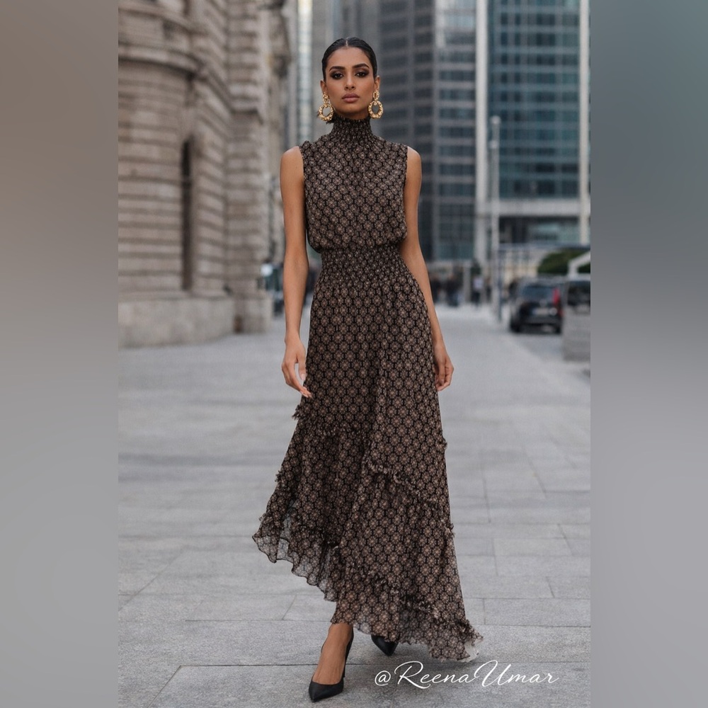 MISA Shalom Sleeveless Asymmetrical Maxi Dress – Black/Brown | Size XS